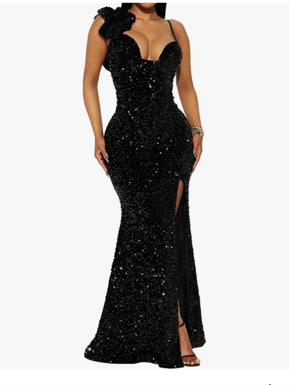 Fashion Nova Black Velvet Sequin One-Shoulder Mermaid Gown